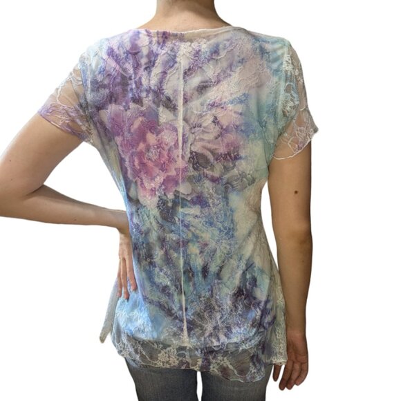 Brittany Black | NWOT Lace Overlay Abstract Floral Blouse Top | Size: M - Picture 6 of 14